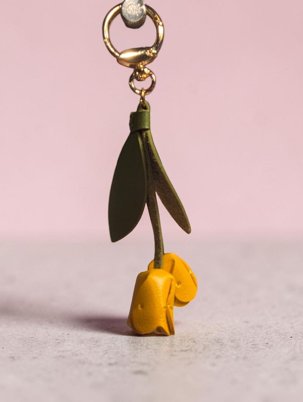 Leather Yellow Rose Keychain with Leaves